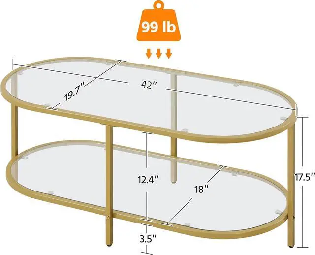 Alt view image 3 of 7 - Yaheetech 42" Oval Glass Coffee Table with Storage for Living Room, Gold