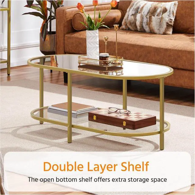 Alt view image 4 of 7 - Yaheetech 42" Oval Glass Coffee Table with Storage for Living Room, Gold