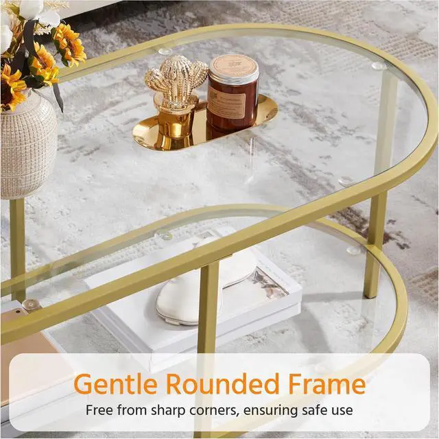 Alt view image 5 of 7 - Yaheetech 42" Oval Glass Coffee Table with Storage for Living Room, Gold
