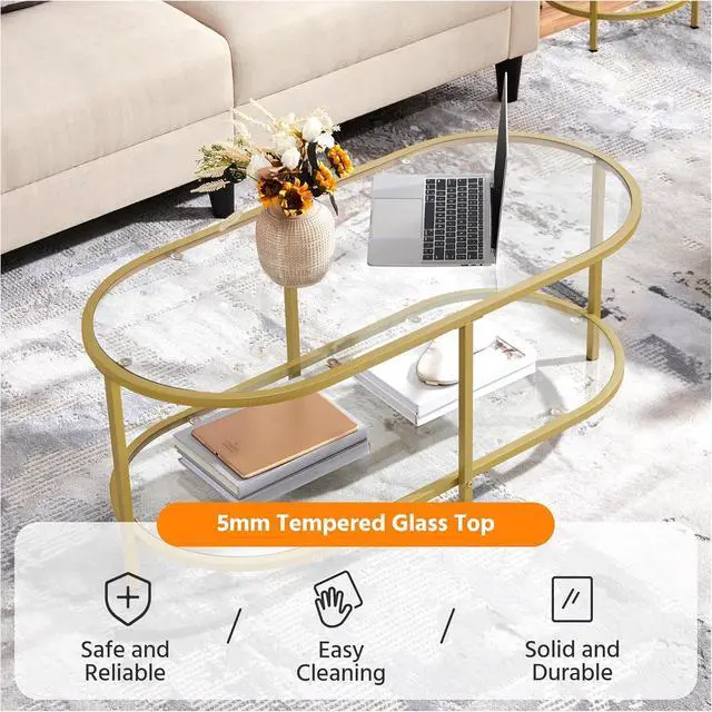 Alt view image 6 of 7 - Yaheetech 42" Oval Glass Coffee Table with Storage for Living Room, Gold