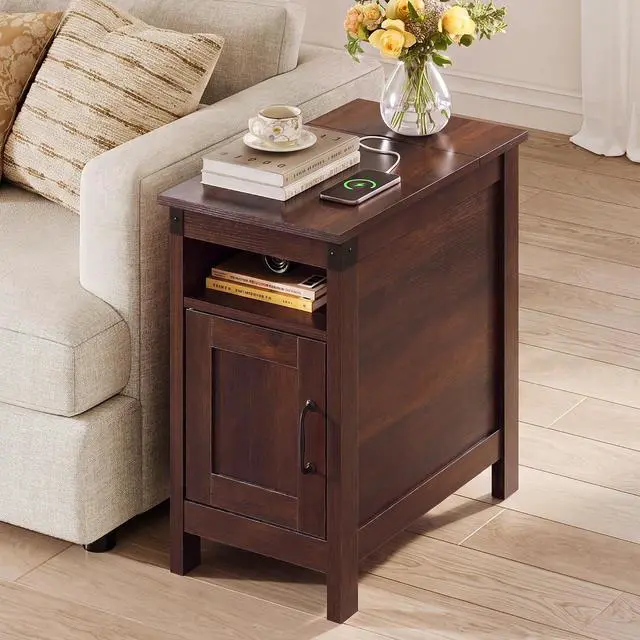 Alt view image 2 of 7 - WLIVE End Tables with Charging Station & Storage Narrow Nightstand Cherry