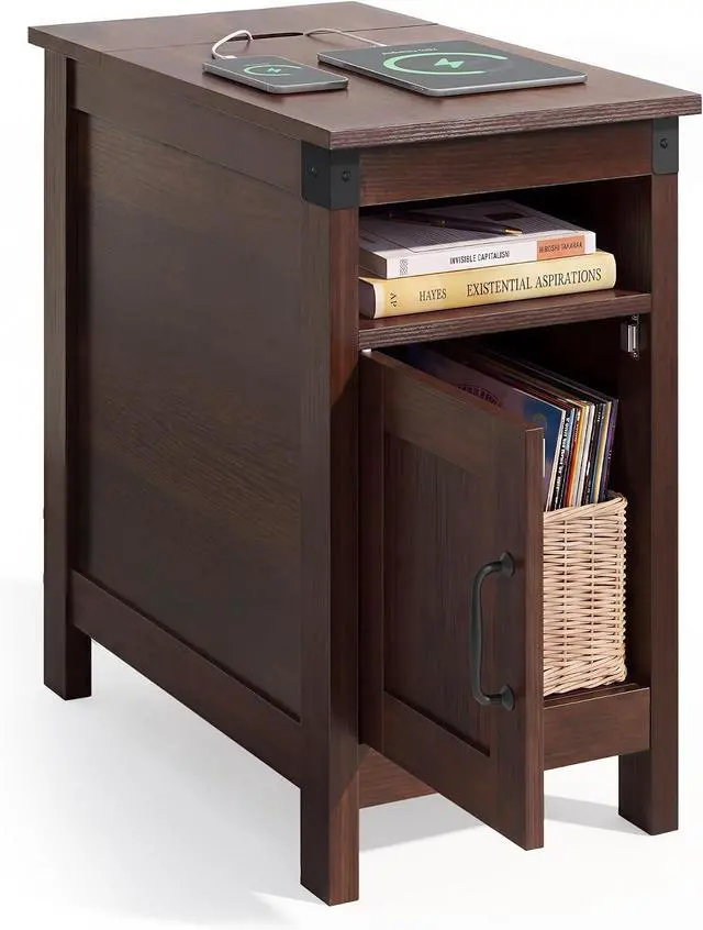 Main image of WLIVE End Tables with Charging Station & Storage Narrow Nightstand Cherry