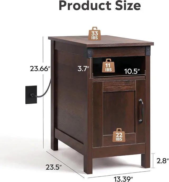Alt view image 3 of 7 - WLIVE End Tables with Charging Station & Storage Narrow Nightstand Cherry