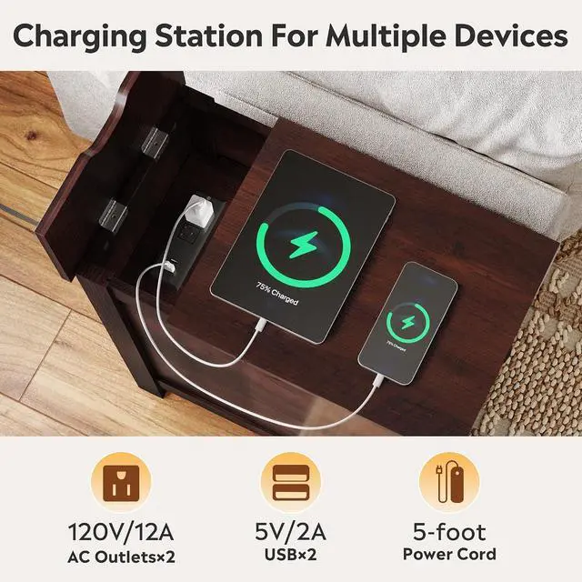 Alt view image 5 of 7 - WLIVE End Tables with Charging Station & Storage Narrow Nightstand Cherry