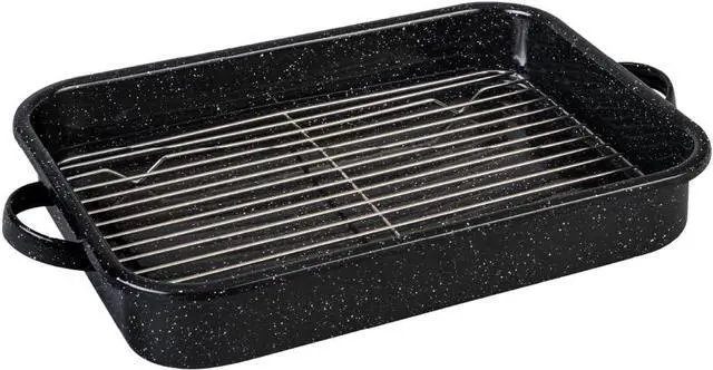Main image of Granite Ware Open Roasting Pan with Flat Rack (Speckled Black) - Accommodates up to 25 lb poultry or roast.