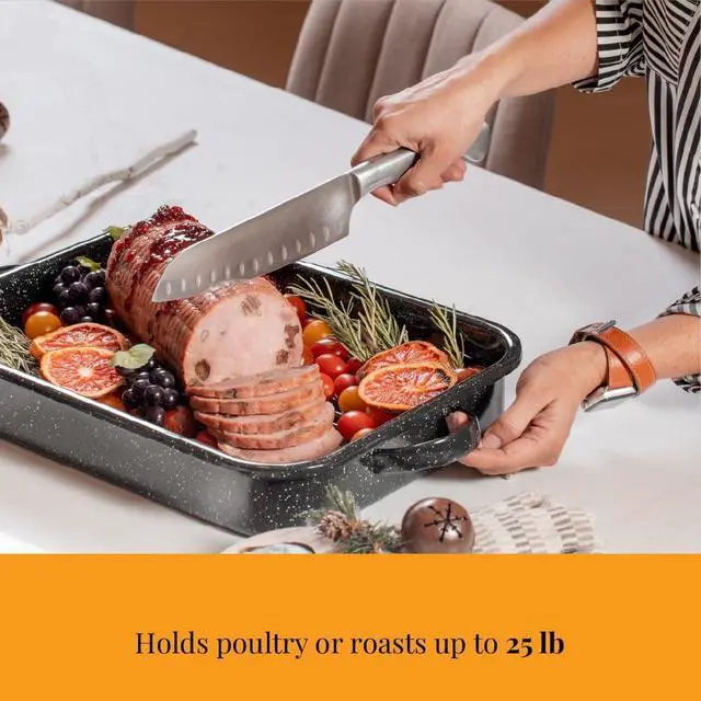 Alt view image 5 of 6 - Granite Ware Open Roasting Pan with Flat Rack (Speckled Black) - Accommodates up to 25 lb poultry or roast.