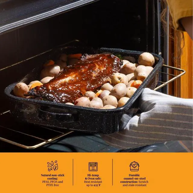 Alt view image 6 of 6 - Granite Ware Open Roasting Pan with Flat Rack (Speckled Black) - Accommodates up to 25 lb poultry or roast.
