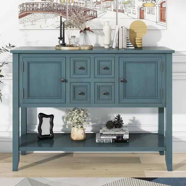 Alt view image 3 of 7 - Merax Wood Farmhouse Buffet Table with Storage Shelf, 2 Drawers and Cabinets Buffet Coffee Bar Cabinet for Living Room Dinning Room Kitchen (Dark Blue)