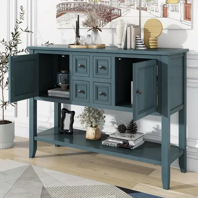 Alt view image 4 of 7 - Merax Wood Farmhouse Buffet Table with Storage Shelf, 2 Drawers and Cabinets Buffet Coffee Bar Cabinet for Living Room Dinning Room Kitchen (Dark Blue)