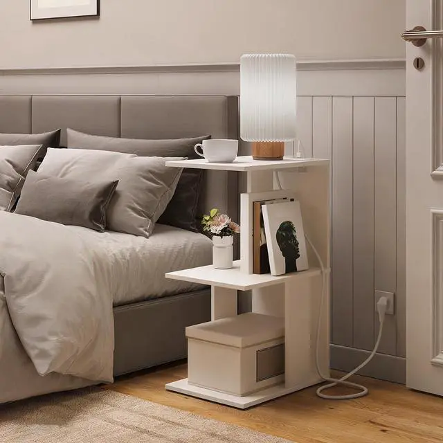 Alt view image 2 of 7 - MAHANCRIS Narrow Nightstand with Charging Station, White Side Table