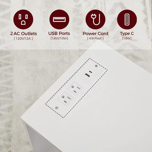 Alt view image 4 of 7 - MAHANCRIS Narrow Nightstand with Charging Station, White Side Table