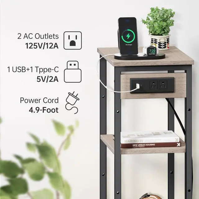 Alt view image 5 of 6 - Asgolion Tall End Table with Charging Station, Narrow Tall Side Table