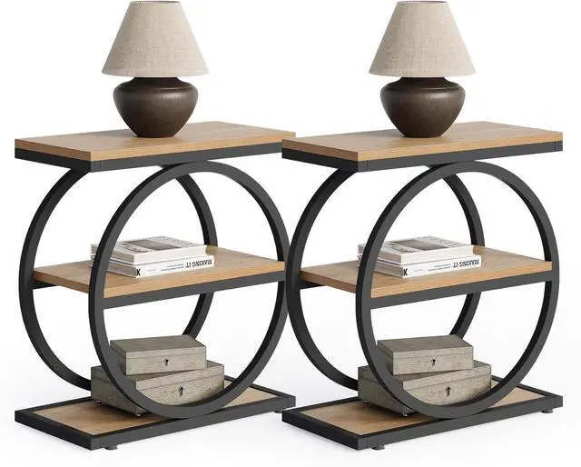 Main image of LITTLE TREE 3-Tier End Table, Side Table with Storage Shelves, Small Sofa Side Table for Living Room, Wooden Side End Table with Double Round Metal Legs, Slim Nightstand and Bedside Table, Oak
