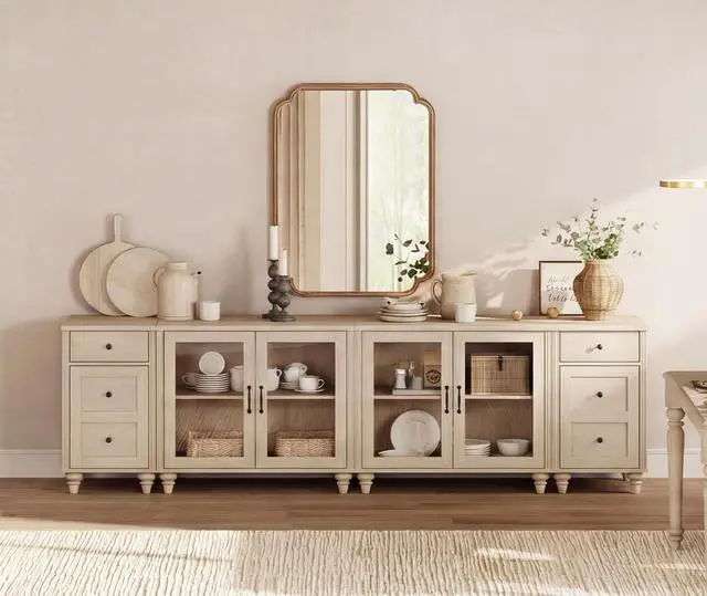 Main image of WAMPAT Sideboard Buffet Cabinets with 4-Glass Door, Kitchen Storage Cabinets with Charging Station, Wood Coffee Bar Table with Adjustable Shelf & 2 Drawers for Dining Room, Living Room, Beige