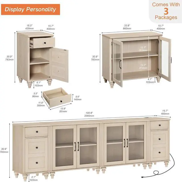Alt view image 2 of 7 - WAMPAT Sideboard Buffet Cabinets with 4-Glass Door, Kitchen Storage Cabinets with Charging Station, Wood Coffee Bar Table with Adjustable Shelf & 2 Drawers for Dining Room, Living Room, Beige