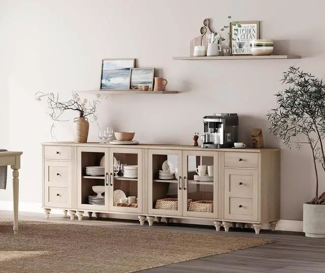 Alt view image 3 of 7 - WAMPAT Sideboard Buffet Cabinets with 4-Glass Door, Kitchen Storage Cabinets with Charging Station, Wood Coffee Bar Table with Adjustable Shelf & 2 Drawers for Dining Room, Living Room, Beige