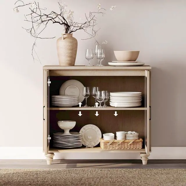 Alt view image 4 of 7 - WAMPAT Sideboard Buffet Cabinets with 4-Glass Door, Kitchen Storage Cabinets with Charging Station, Wood Coffee Bar Table with Adjustable Shelf & 2 Drawers for Dining Room, Living Room, Beige