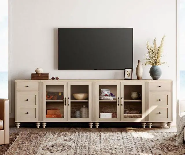 Alt view image 7 of 7 - WAMPAT Sideboard Buffet Cabinets with 4-Glass Door, Kitchen Storage Cabinets with Charging Station, Wood Coffee Bar Table with Adjustable Shelf & 2 Drawers for Dining Room, Living Room, Beige