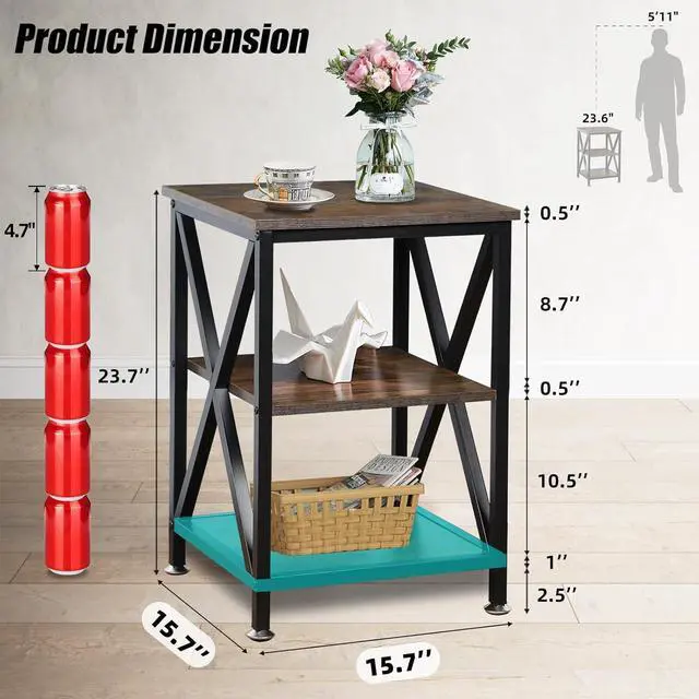 Alt view image 3 of 7 - Square End Tables Living Room Set of 2, 16" D x 16" W x 24" H, Rustic Brown