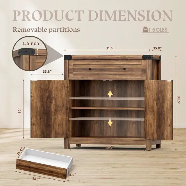 Alt view image 3 of 7 - YESHOMY Farmhouse Coffee Bar and Accent Cabinet with Barn Doors, Brown