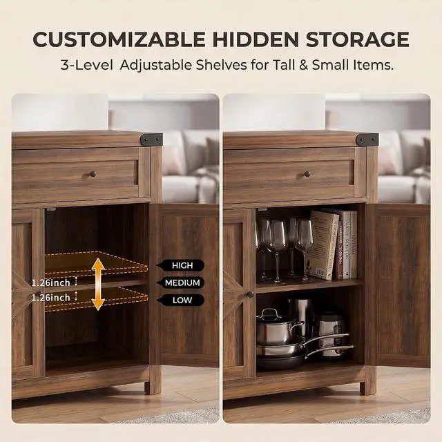 Alt view image 5 of 7 - YESHOMY Farmhouse Coffee Bar and Accent Cabinet with Barn Doors, Brown