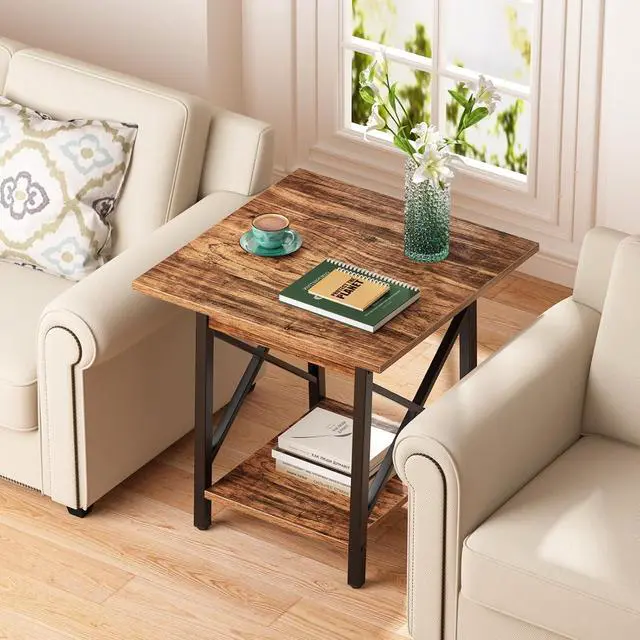 Alt view image 2 of 7 - GreenForest 24 Inch Square End Table, X-Frame with Large 2-Tier Storage