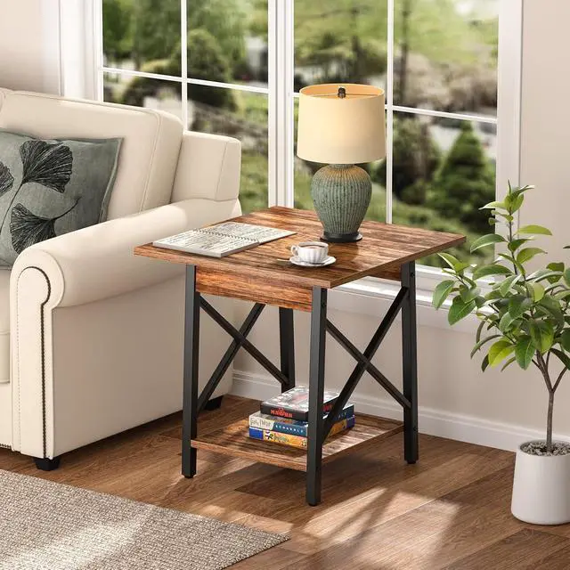 Alt view image 6 of 7 - GreenForest 24 Inch Square End Table, X-Frame with Large 2-Tier Storage