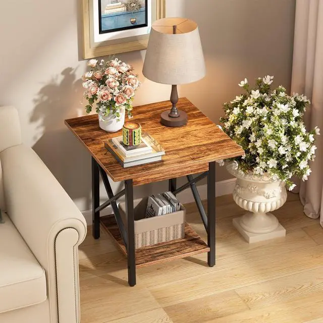 Alt view image 7 of 7 - GreenForest 24 Inch Square End Table, X-Frame with Large 2-Tier Storage