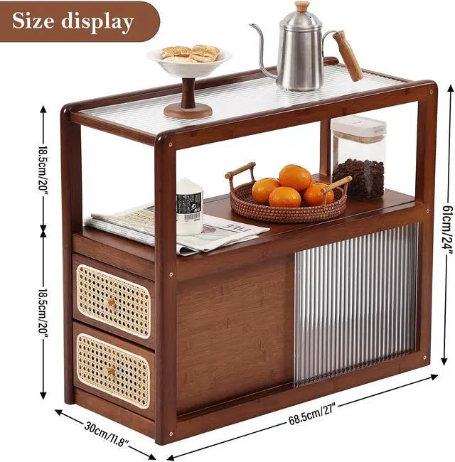Alt view image 2 of 7 - Tiita Rattan Nightstand, Bamboo End Table with Glass Top & Storage, Brown