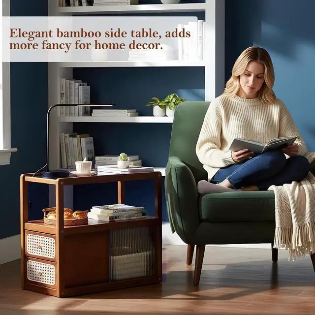 Alt view image 3 of 7 - Tiita Rattan Nightstand, Bamboo End Table with Glass Top & Storage, Brown