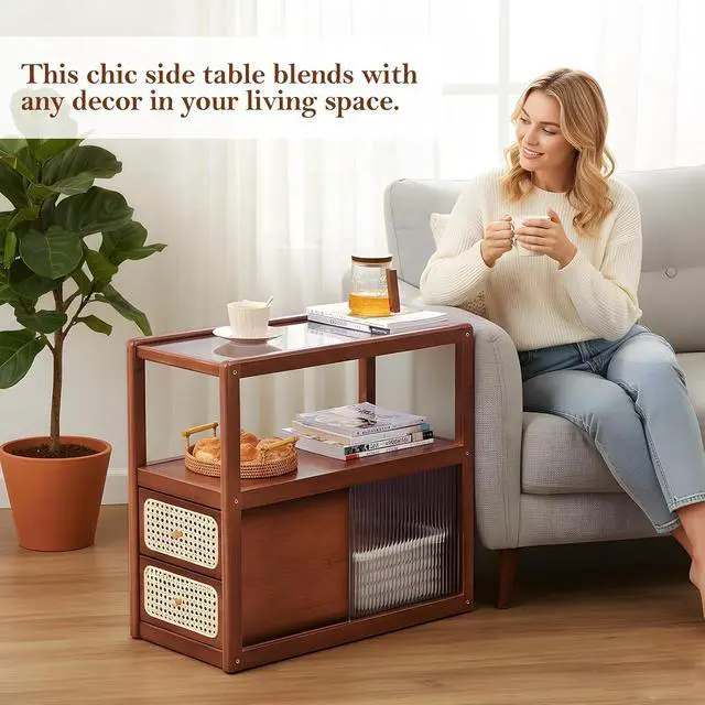 Alt view image 5 of 7 - Tiita Rattan Nightstand, Bamboo End Table with Glass Top & Storage, Brown