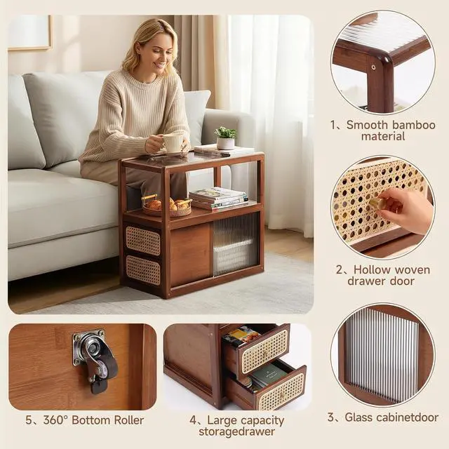 Alt view image 4 of 7 - Tiita Rattan Nightstand, Bamboo End Table with Glass Top & Storage, Brown