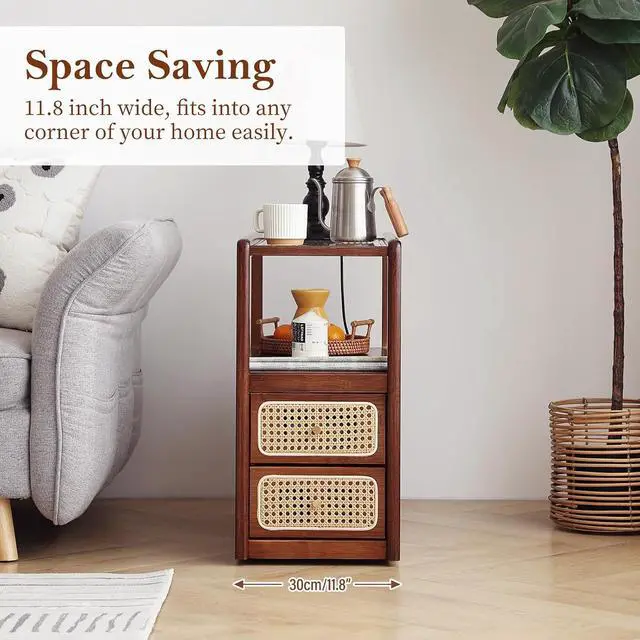 Alt view image 6 of 7 - Tiita Rattan Nightstand, Bamboo End Table with Glass Top & Storage, Brown