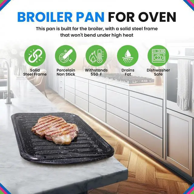 Alt view image 2 of 6 - Broiler Pan for Oven Nonstick Porcelain Enamel Coated - W 12. 62" X L 16.75" GE WB48X10056 Replacement for Oven With Rack Withstands High Temperatures - Circulates Heat Evenly and Drains Fat