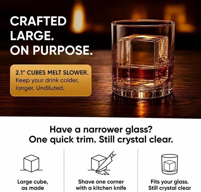 Alt view image 4 of 7 - Berlinzo Clear Ice Cube Maker Mold - 4 2.1in Whiskey Squares, Non-Electric