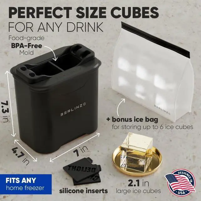 Alt view image 6 of 7 - Berlinzo Clear Ice Cube Maker Mold - 4 2.1in Whiskey Squares, Non-Electric