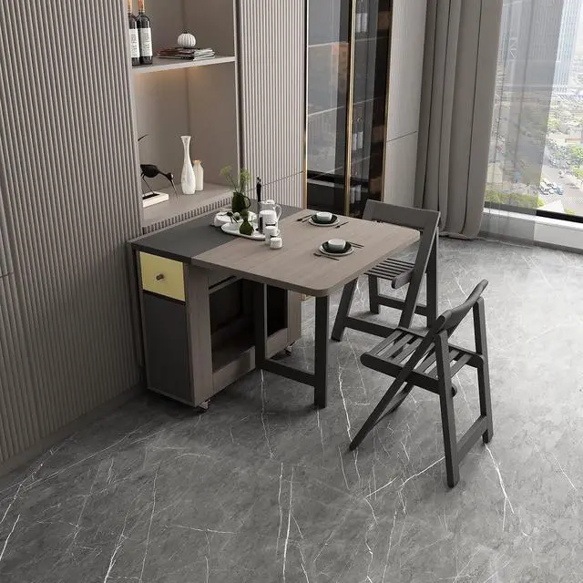 Alt view image 2 of 7 - FUNROLUX Drop Leaf Folding Dining Table with Storage, 2 Drawers, Grey