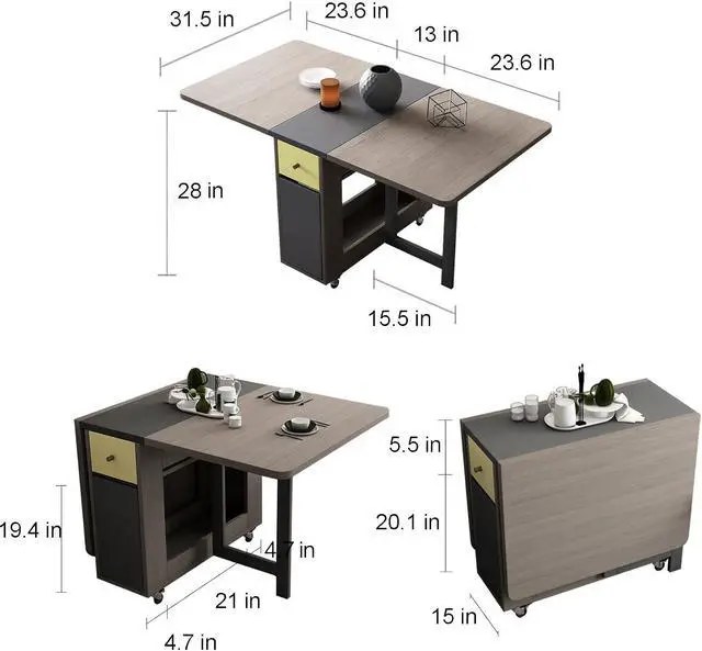 Alt view image 3 of 7 - FUNROLUX Drop Leaf Folding Dining Table with Storage, 2 Drawers, Grey