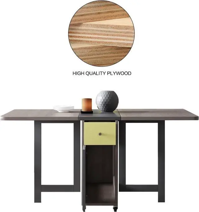 Alt view image 5 of 7 - FUNROLUX Drop Leaf Folding Dining Table with Storage, 2 Drawers, Grey