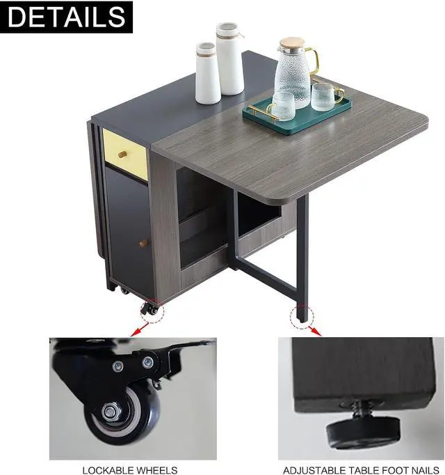 Alt view image 6 of 7 - FUNROLUX Drop Leaf Folding Dining Table with Storage, 2 Drawers, Grey