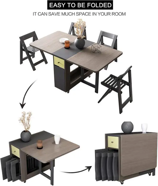 Alt view image 7 of 7 - FUNROLUX Drop Leaf Folding Dining Table with Storage, 2 Drawers, Grey