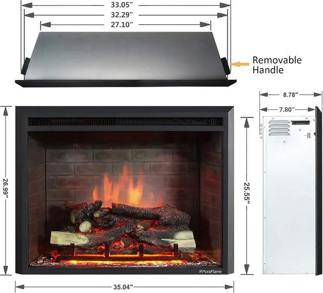 Alt view image 2 of 7 - PuraFlame Western Electric Fireplace Insert with Fire Crackling Sound, Remote Control, 750/1500W, Black, 33 1/16 Inches Wide, 25 9/16 Inches High
