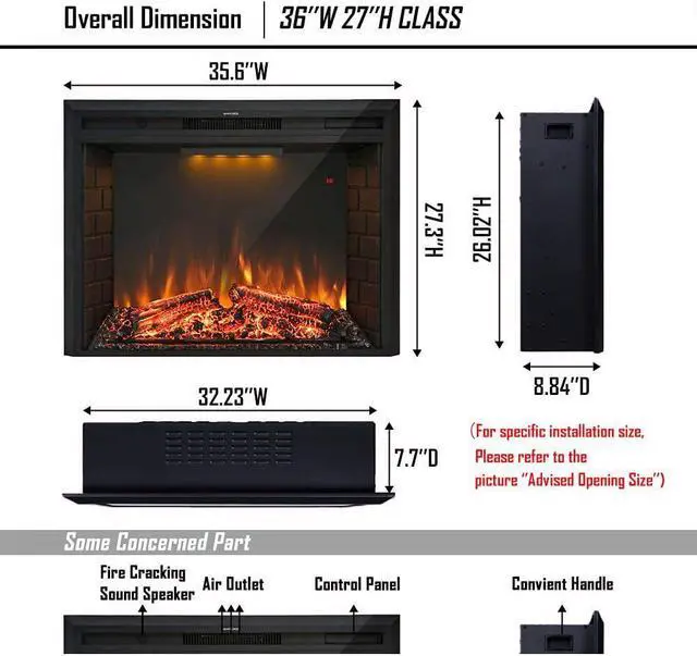 Alt view image 5 of 7 - 36'' Electric Fireplace Insert, Retro Recessed Fireplace Heater with Fire Cracking Sound, Remote Control & Timer, 750/1500W, Black