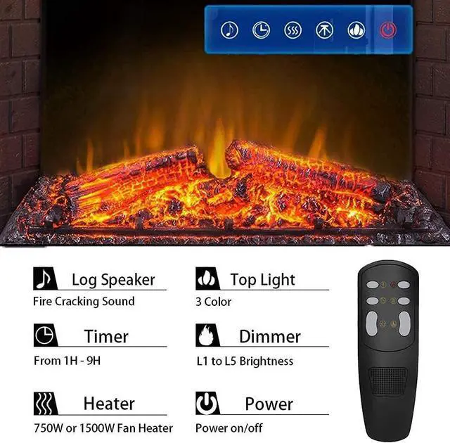 Alt view image 7 of 7 - 36'' Electric Fireplace Insert, Retro Recessed Fireplace Heater with Fire Cracking Sound, Remote Control & Timer, 750/1500W, Black