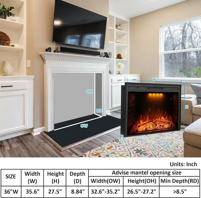 Alt view image 3 of 7 - 36 inch Electric Fireplace, Wall Fireplace Electric with Remote Control, Realistic Log and Crackling Sound, Overheating Protection and Timer, 750/1500W Black