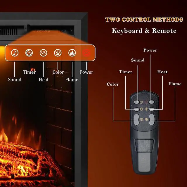 Alt view image 5 of 7 - 36 inch Electric Fireplace, Wall Fireplace Electric with Remote Control, Realistic Log and Crackling Sound, Overheating Protection and Timer, 750/1500W Black