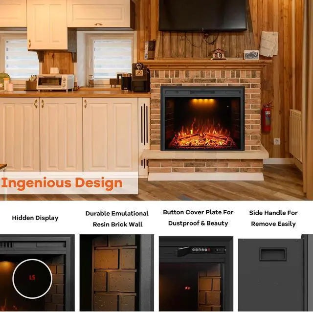 Alt view image 6 of 7 - 36 inch Electric Fireplace, Wall Fireplace Electric with Remote Control, Realistic Log and Crackling Sound, Overheating Protection and Timer, 750/1500W Black
