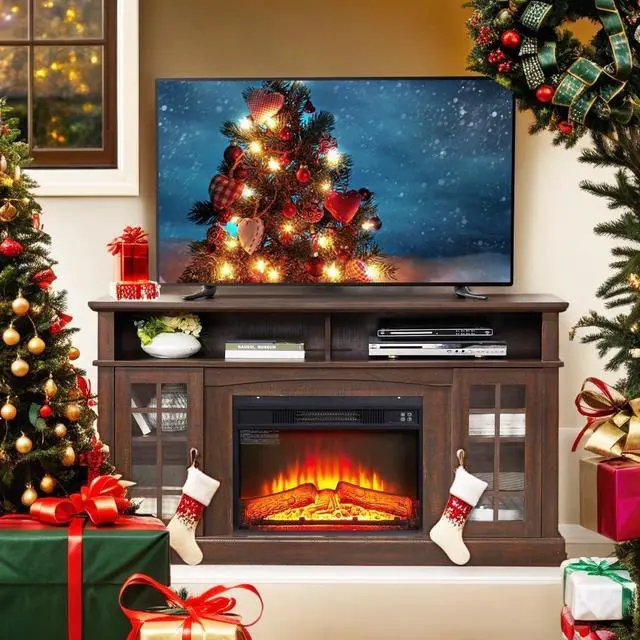 Alt view image 2 of 7 - 58" Farmhouse TV Stand with 23" Electric Fireplace Heater, Rustic Entertainment Center for TVs up to 65", Multi-Storage Cabinets, Stylish Home Decor for Cozy Living Rooms. (Espresso)