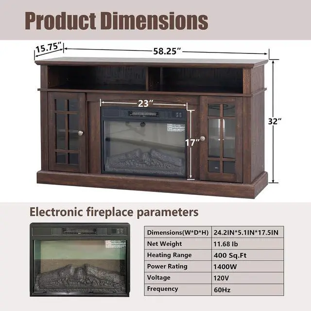 Alt view image 3 of 7 - 58" Farmhouse TV Stand with 23" Electric Fireplace Heater, Rustic Entertainment Center for TVs up to 65", Multi-Storage Cabinets, Stylish Home Decor for Cozy Living Rooms. (Espresso)