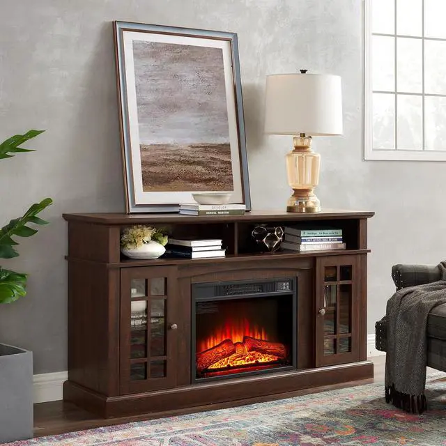 Alt view image 4 of 7 - 58" Farmhouse TV Stand with 23" Electric Fireplace Heater, Rustic Entertainment Center for TVs up to 65", Multi-Storage Cabinets, Stylish Home Decor for Cozy Living Rooms. (Espresso)